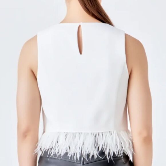 Endless Rose White Cropped Feather Trim Top|(Size Small) - Picture 2 of 8